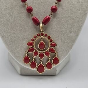 VINTAGE Lauren Ralph Lauren Gold Tone Red Bead Pendant Long Necklace